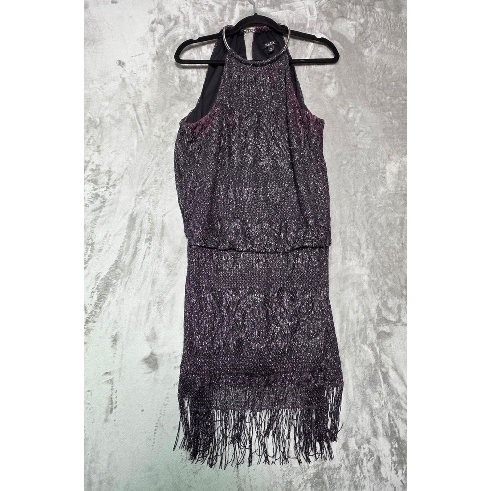 SLNY Women Metallic Purple Lace Fringe Blouson Halter Dress Size 14 Made in USA
